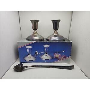 Vintage Console Candle Holders W/ Snuffer Silver Plated 3-1/2" W/ Original Box